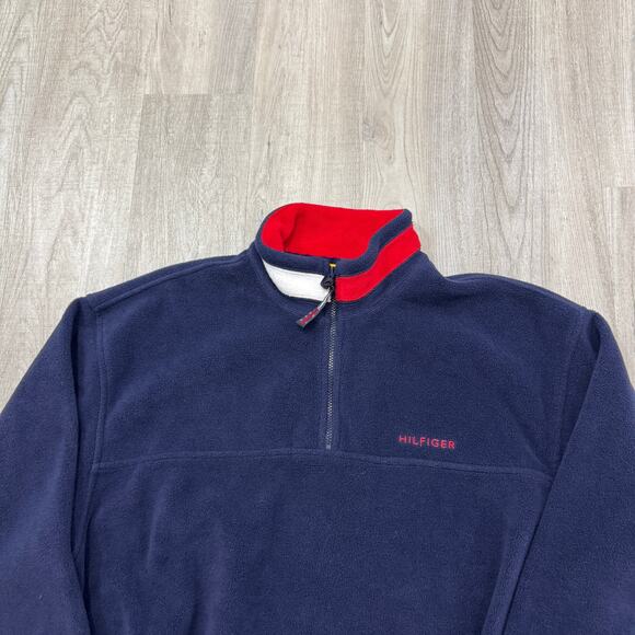 Vintage Tommy Hilfiger 1/4 Zip Fleece Men's Large Blue 90s Rap Hip Hop Preppy - Picture 2 of 6